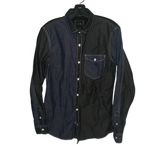 AX Armani Exchange Mens Two Tone Denim Button Up Shirt Black Blue Size Medium